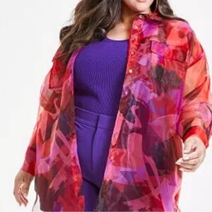 Nina Parker Red and Purple Sheer Organza Button-Up Shirt NWT